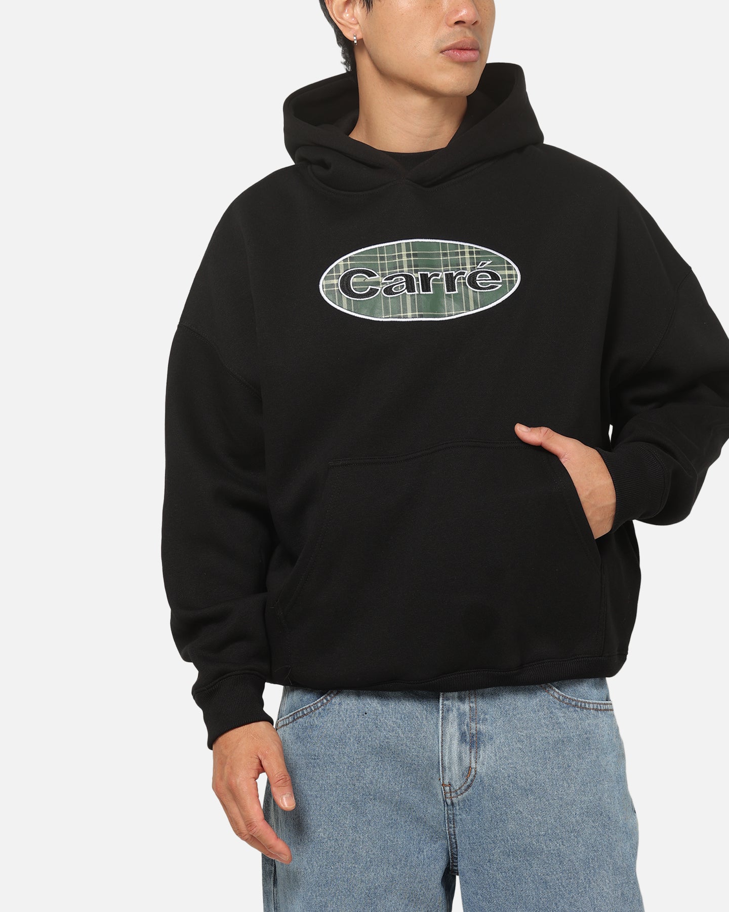 Carre Plaid Oval Hoodie Solid Black