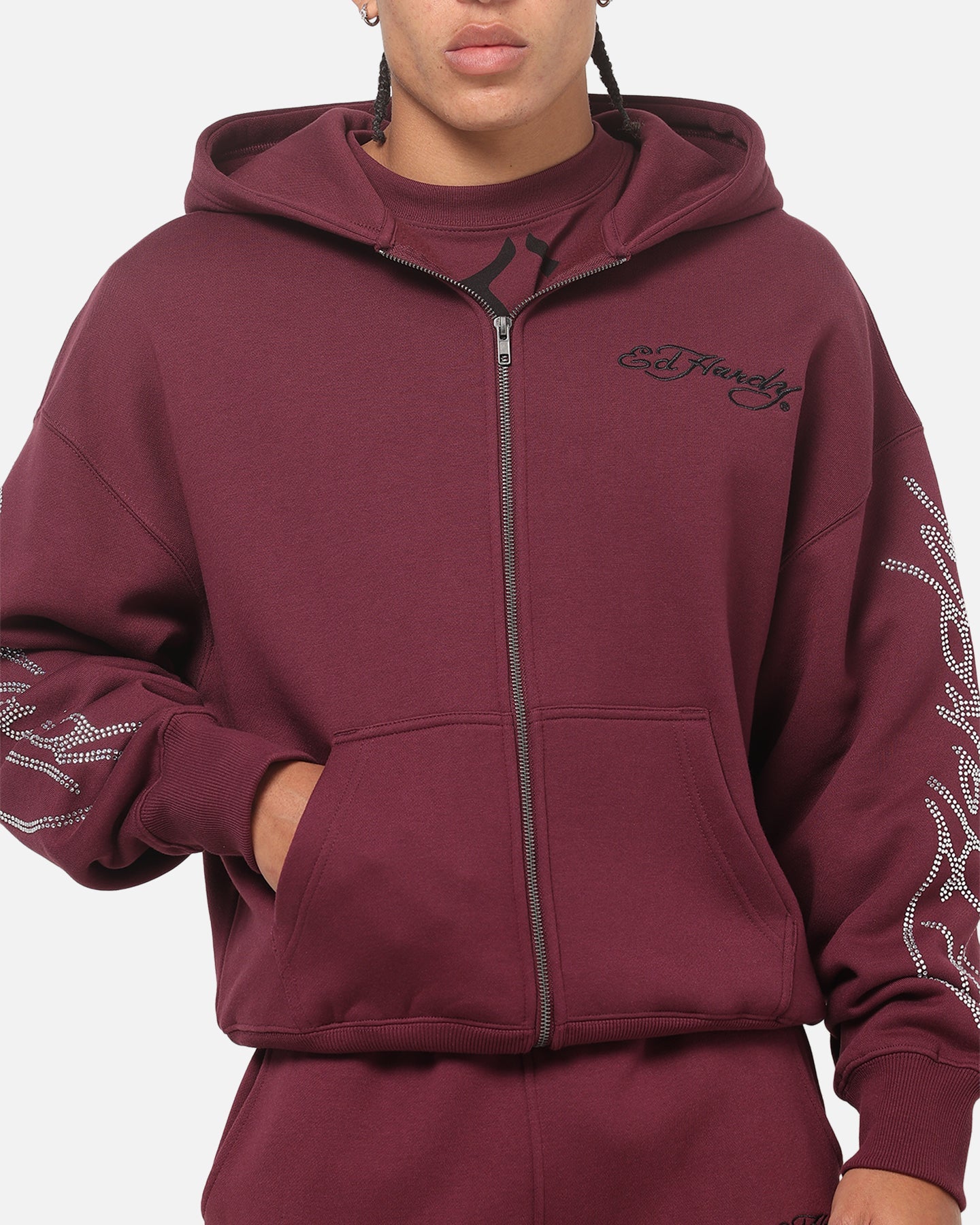 Ed Hardy Trinity Rhinestone Zip Hoodie Plum