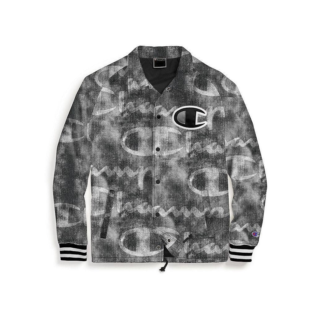 Champion Satin Coaches Jacket Rib Cuff-Print Denim Overlay Black Men V5089P-549973-1RX