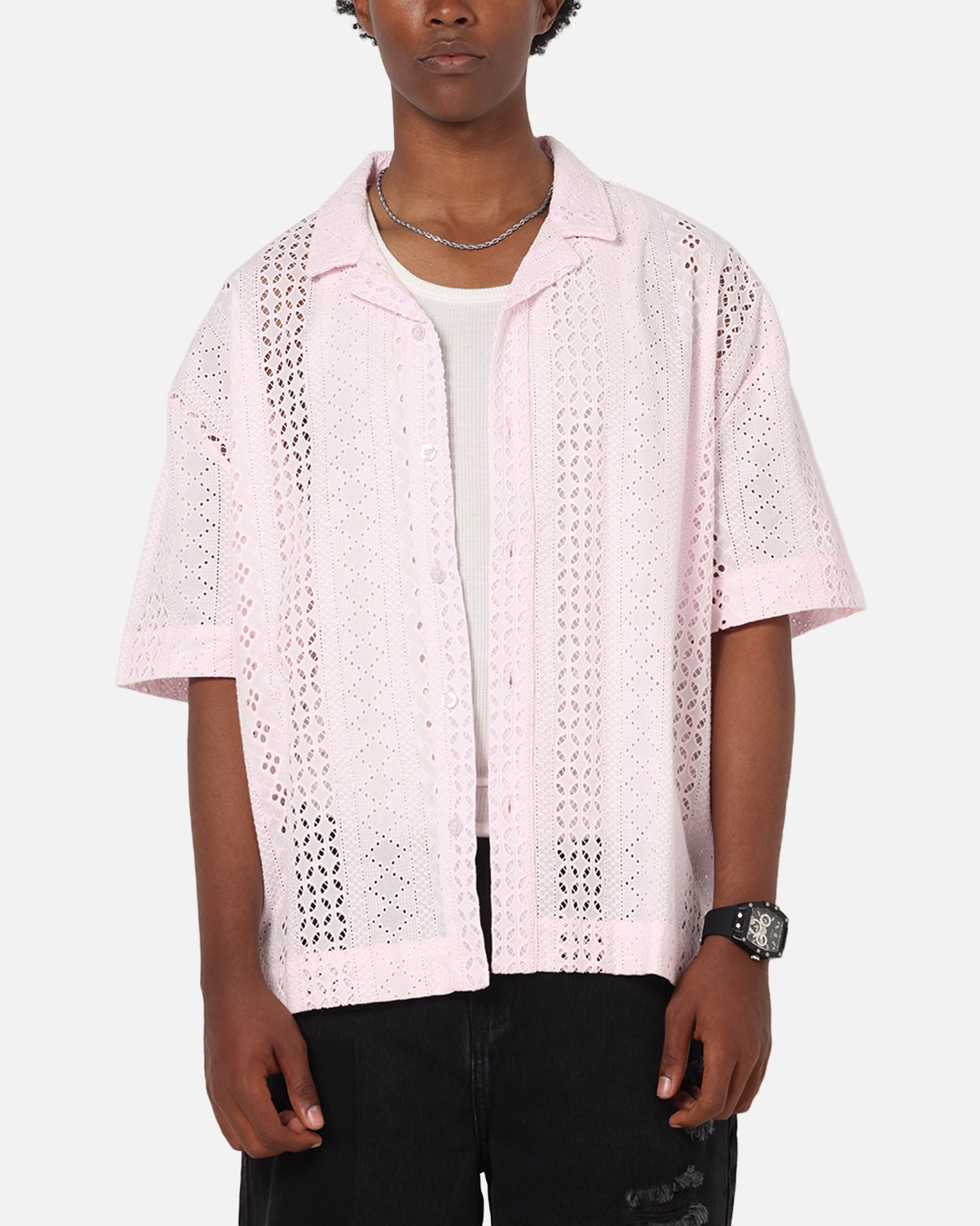 Saint Morta Crochet Button Up Shirt Pink