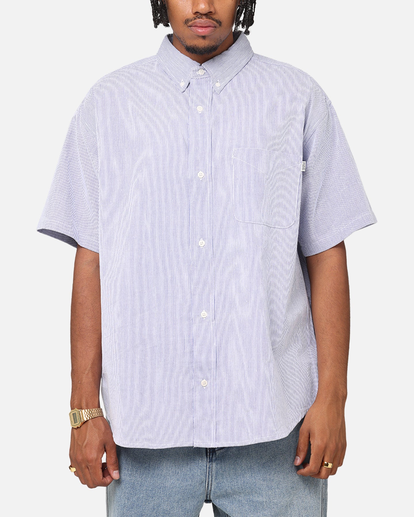 S Double Classic Oxford Button Up Shirt Navy Stripe
