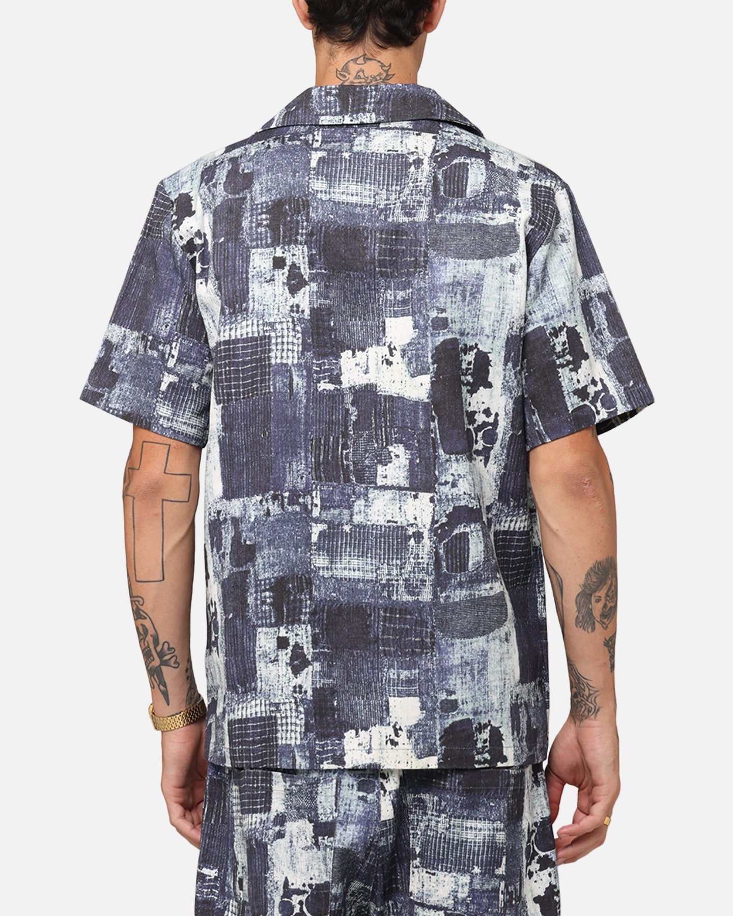 XXIII Printed Denim Patch Button Up Shirt Blue
