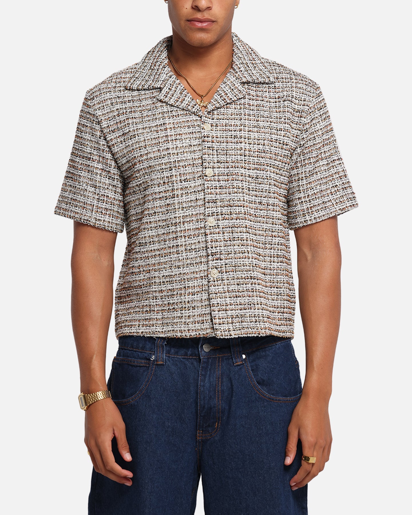XXIII Boucle Tweed Crop Button Up Shirt Cream/Brown