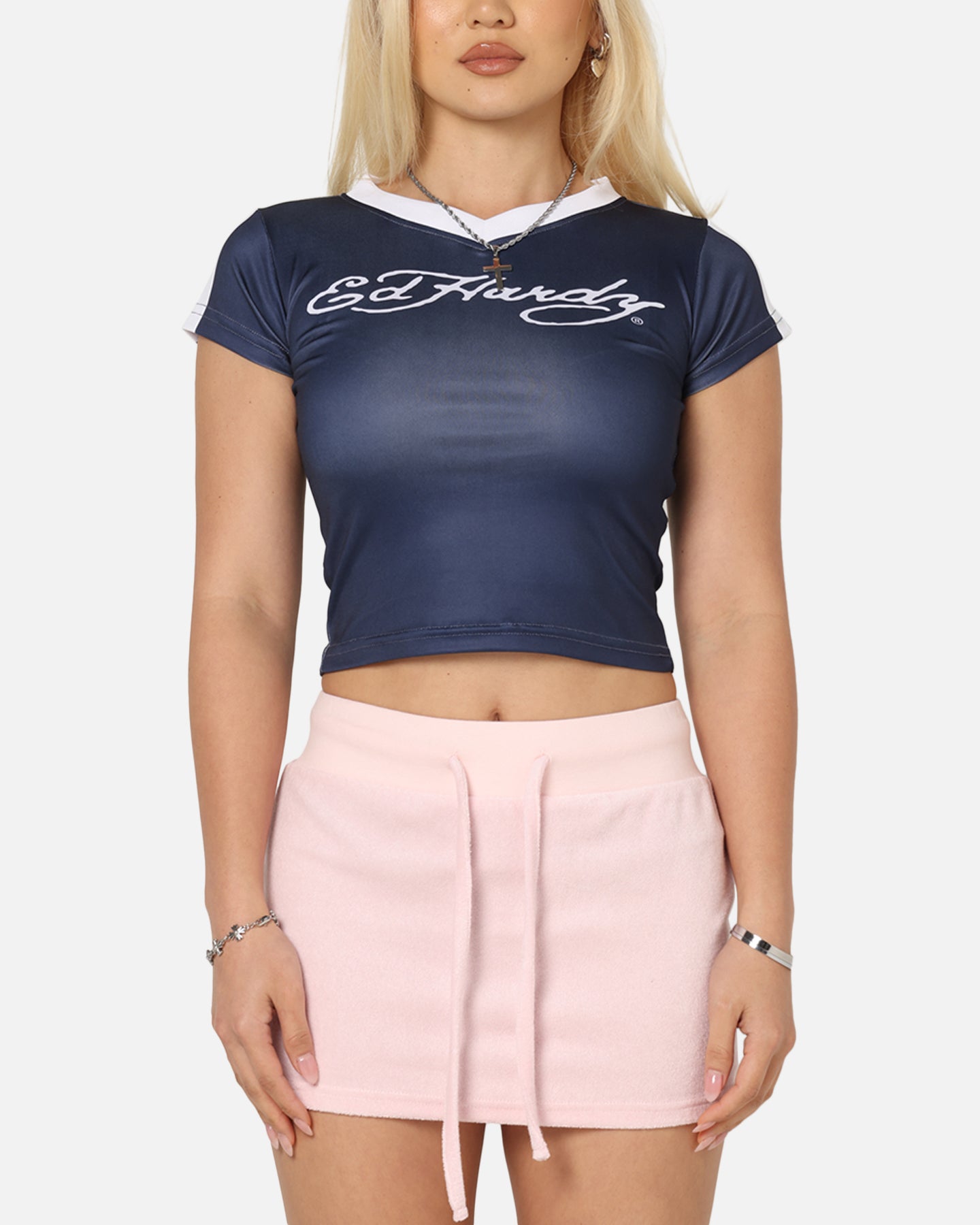Ed Hardy Women's Football Baby T-Shirt Navy/White
