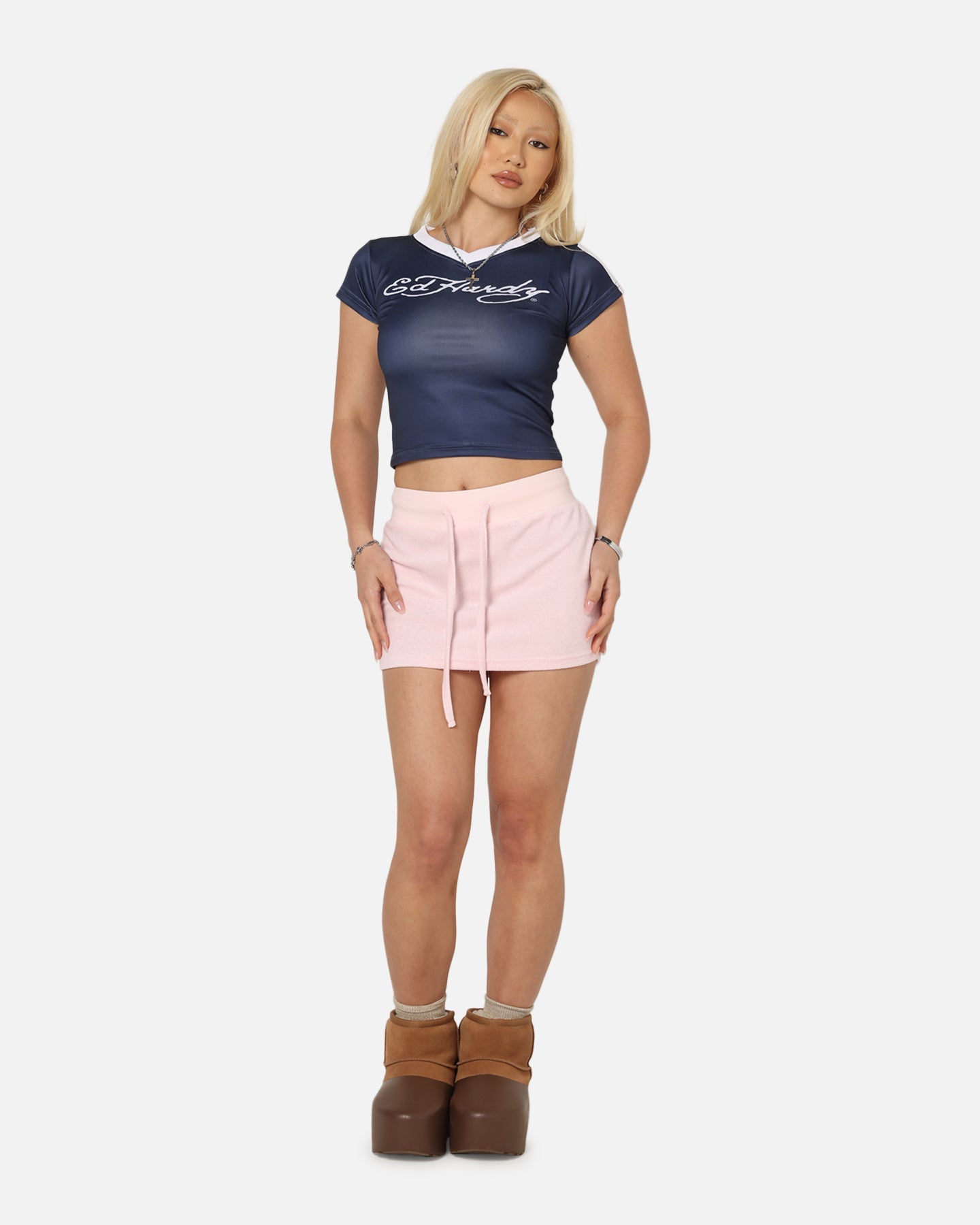 Ed Hardy Women's Football Baby T-Shirt Navy/White