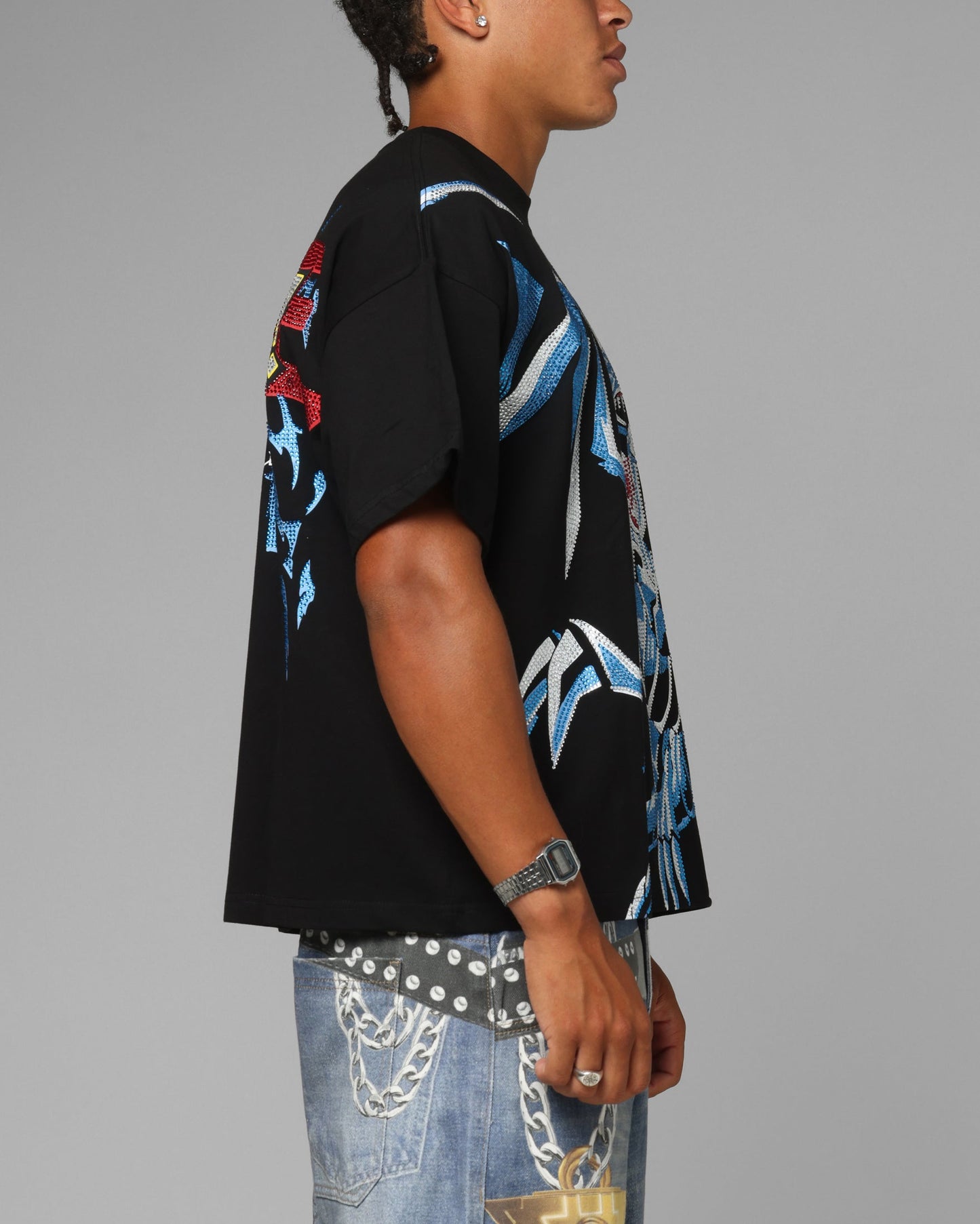 Loiter X Yu-Gi-Oh! Blue Eyes White Dragon Rhinestone T-Shirt Black