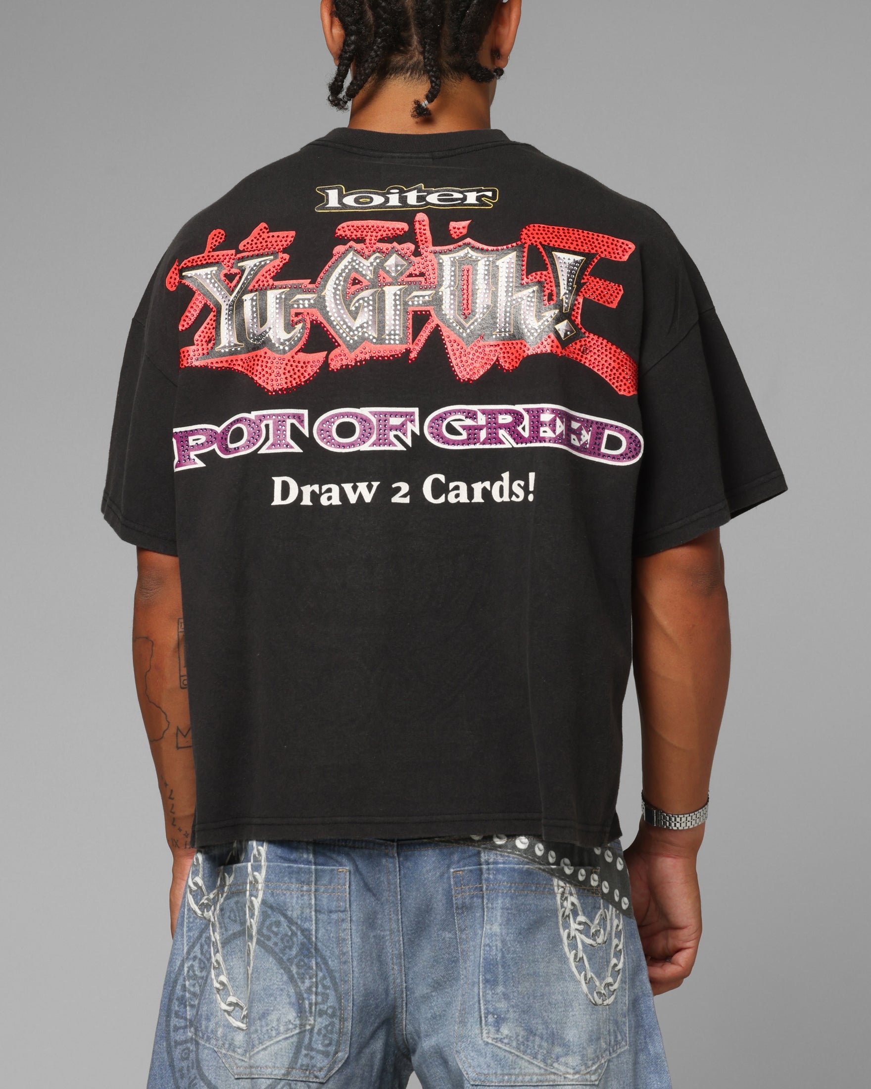 Loiter X Yu-Gi-Oh! Pot Of Greed Rhinestone T-Shirt Vintage Black