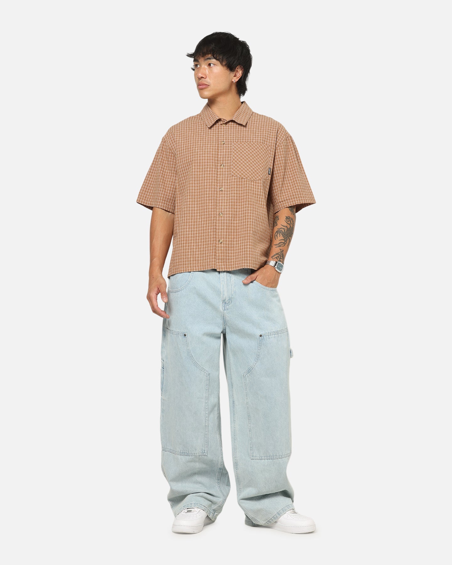 Carre Grid Button Up Shirt Brown-Plaid