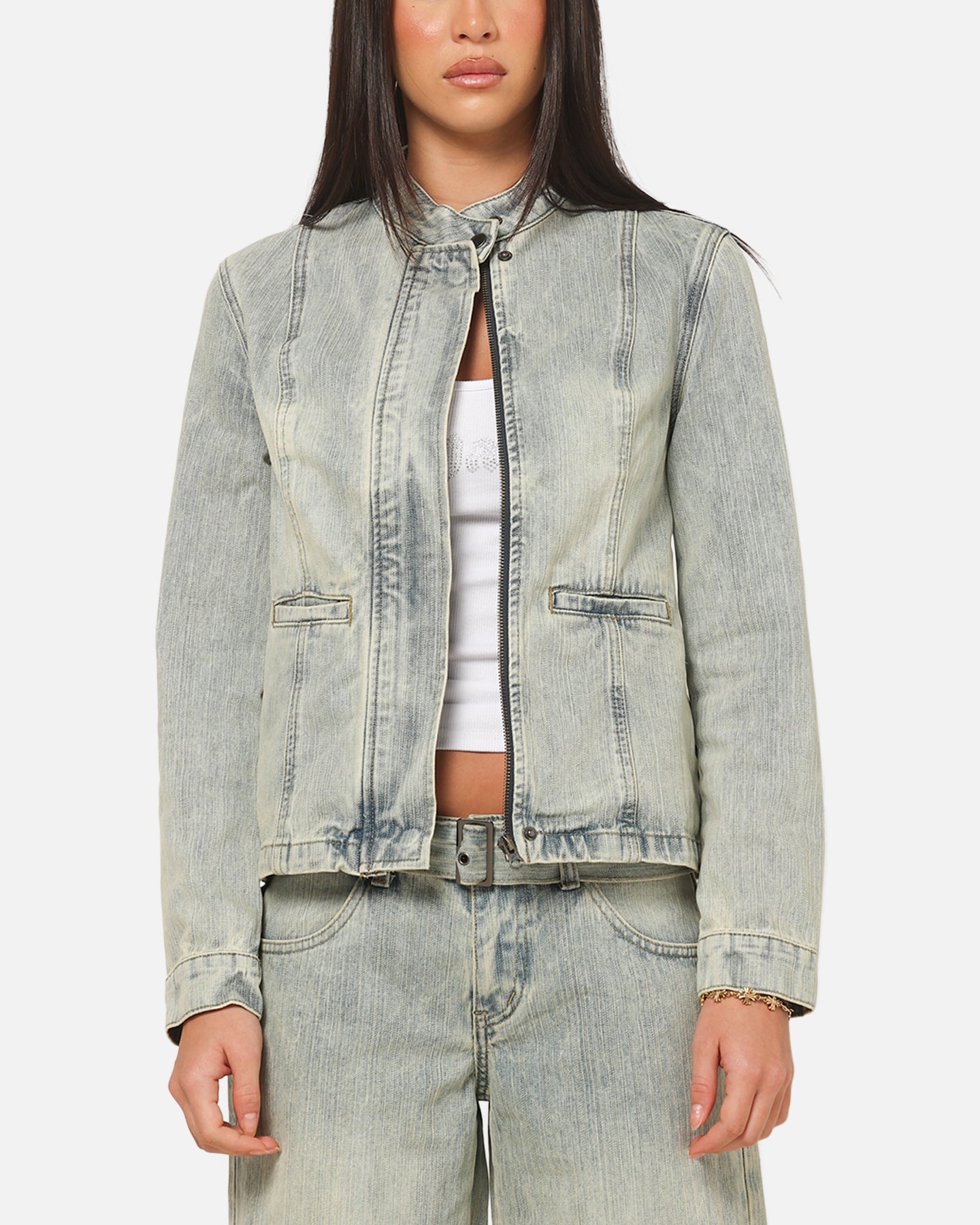 Ed Hardy Women's Vaulted Denim Moto Jacket Vintage Blue