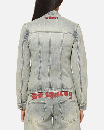 Ed Hardy Women's Vaulted Denim Moto Jacket Vintage Blue