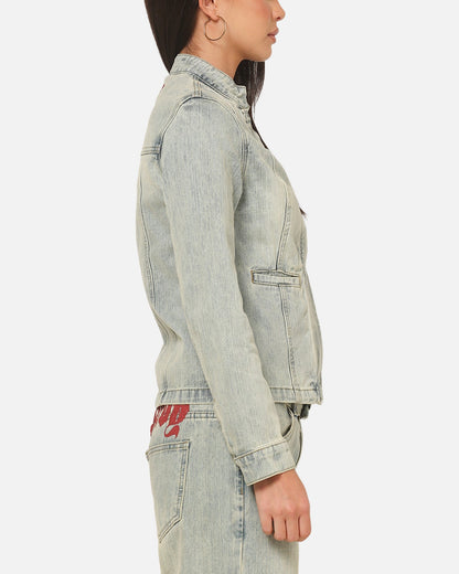 Ed Hardy Women's Vaulted Denim Moto Jacket Vintage Blue