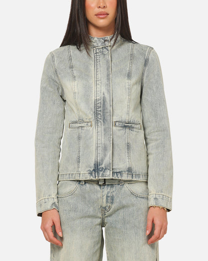 Ed Hardy Women's Vaulted Denim Moto Jacket Vintage Blue