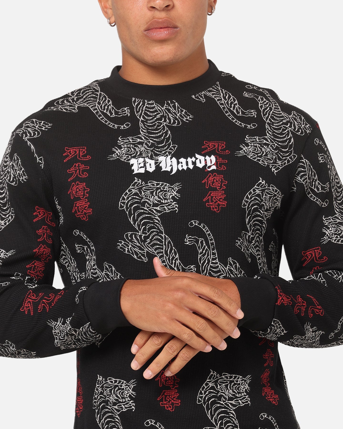 Ed Hardy Tiger Waffle Long Sleeve T-Shirt Black