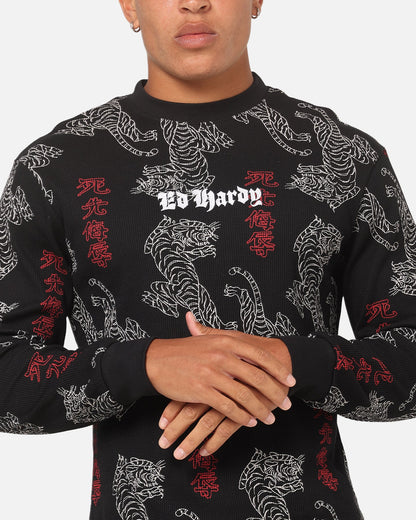 Ed Hardy Tiger Waffle Long Sleeve T-Shirt Black