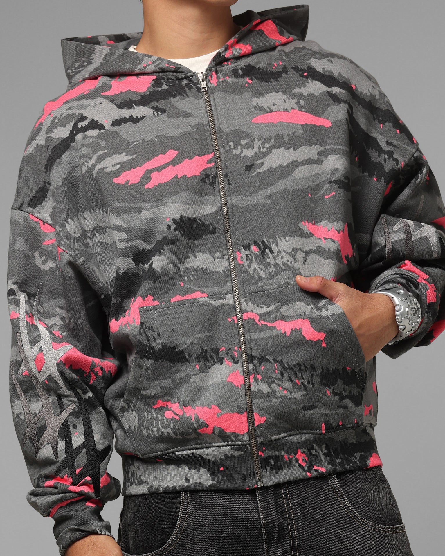 Loiter Hybrid Patch Zip Hoodie Black Camo
