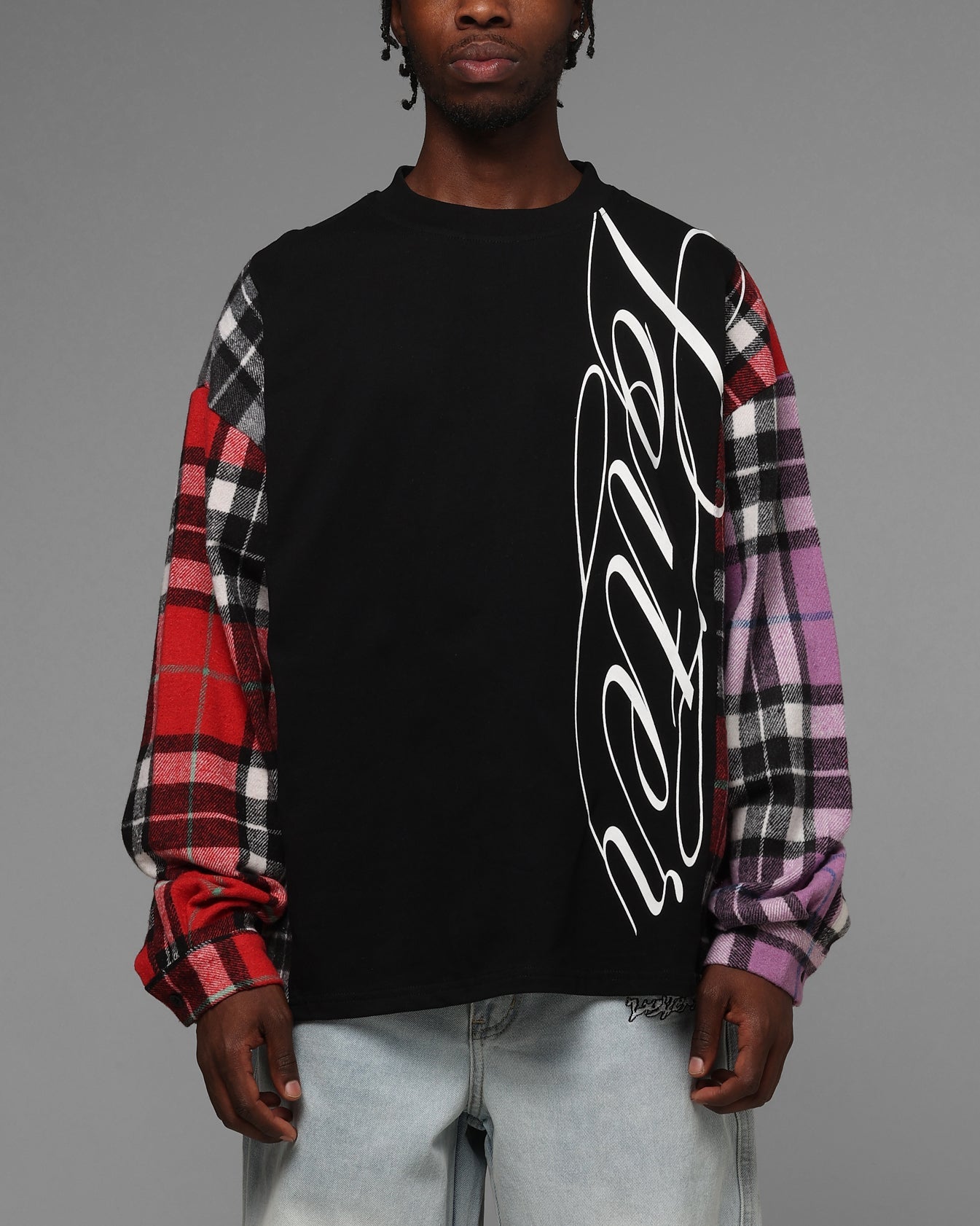 Loiter Script Flannel Long Sleeve T-Shirt Black