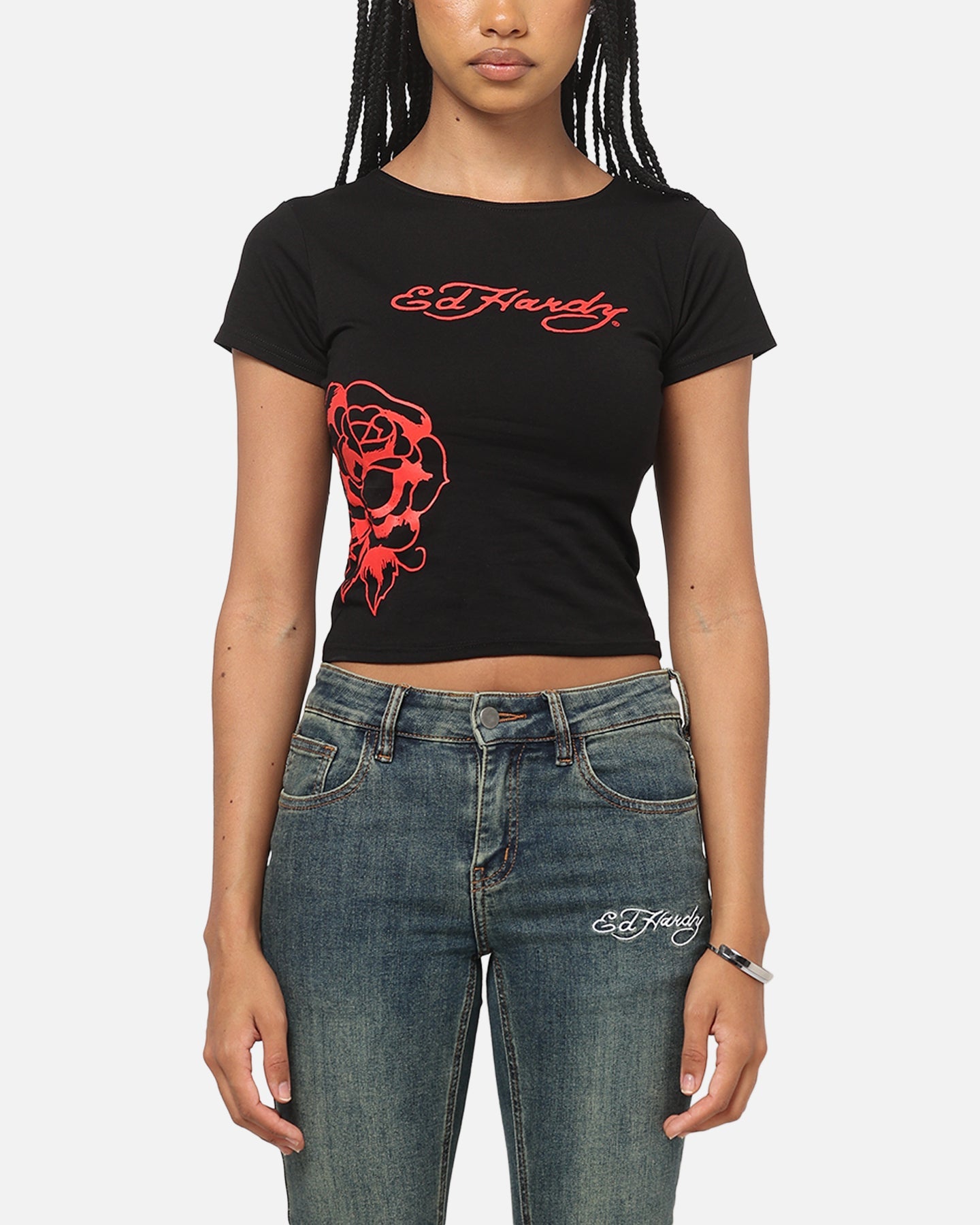 Ed Hardy Women's Rose Heart Baby T-Shirt Black/Red