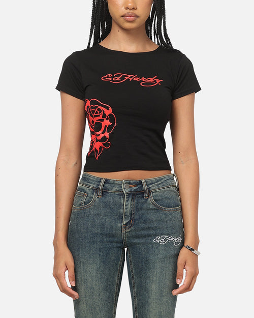 Ed Hardy Women's Rose Heart Baby T-Shirt Black/Red