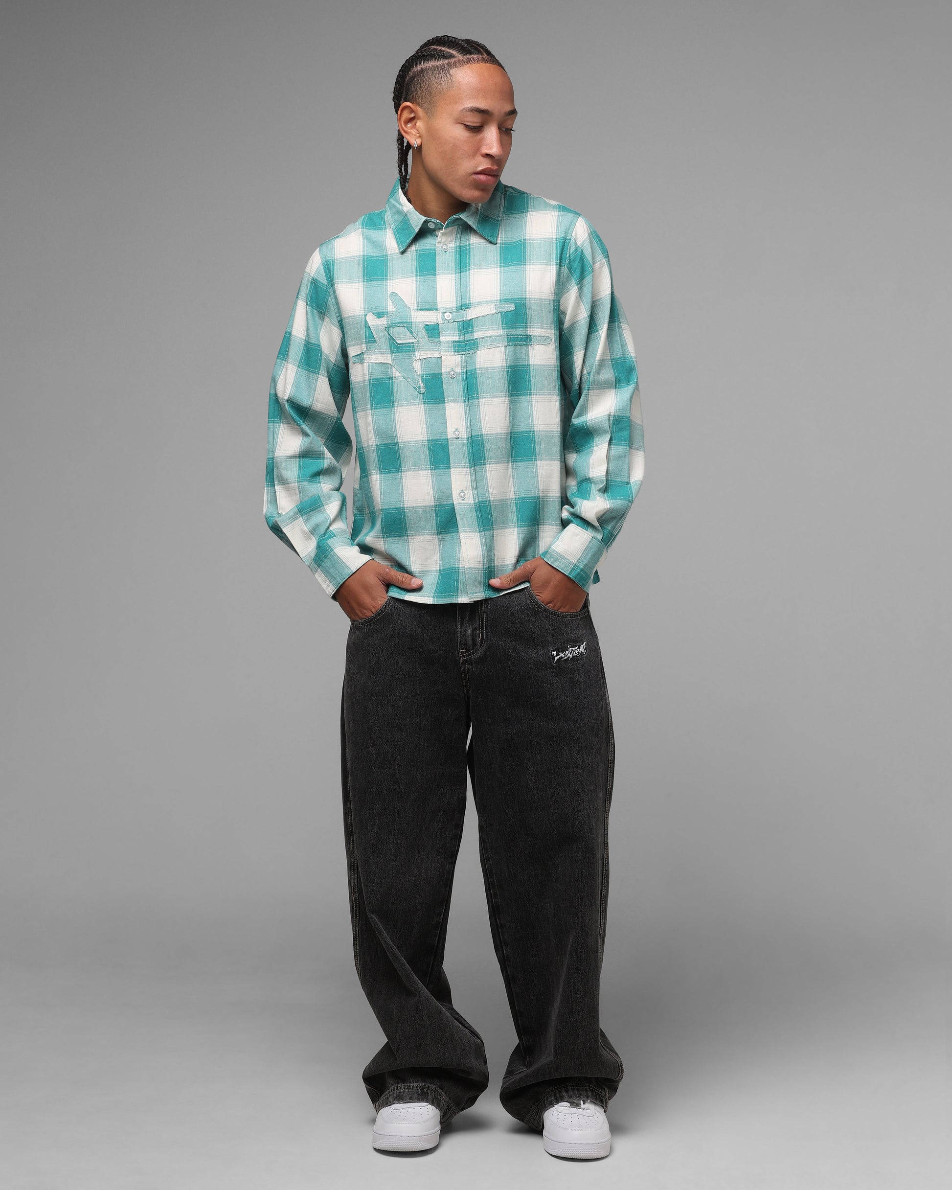 Loiter Hybrid Flannel Button Up Shirt Green-Plaid