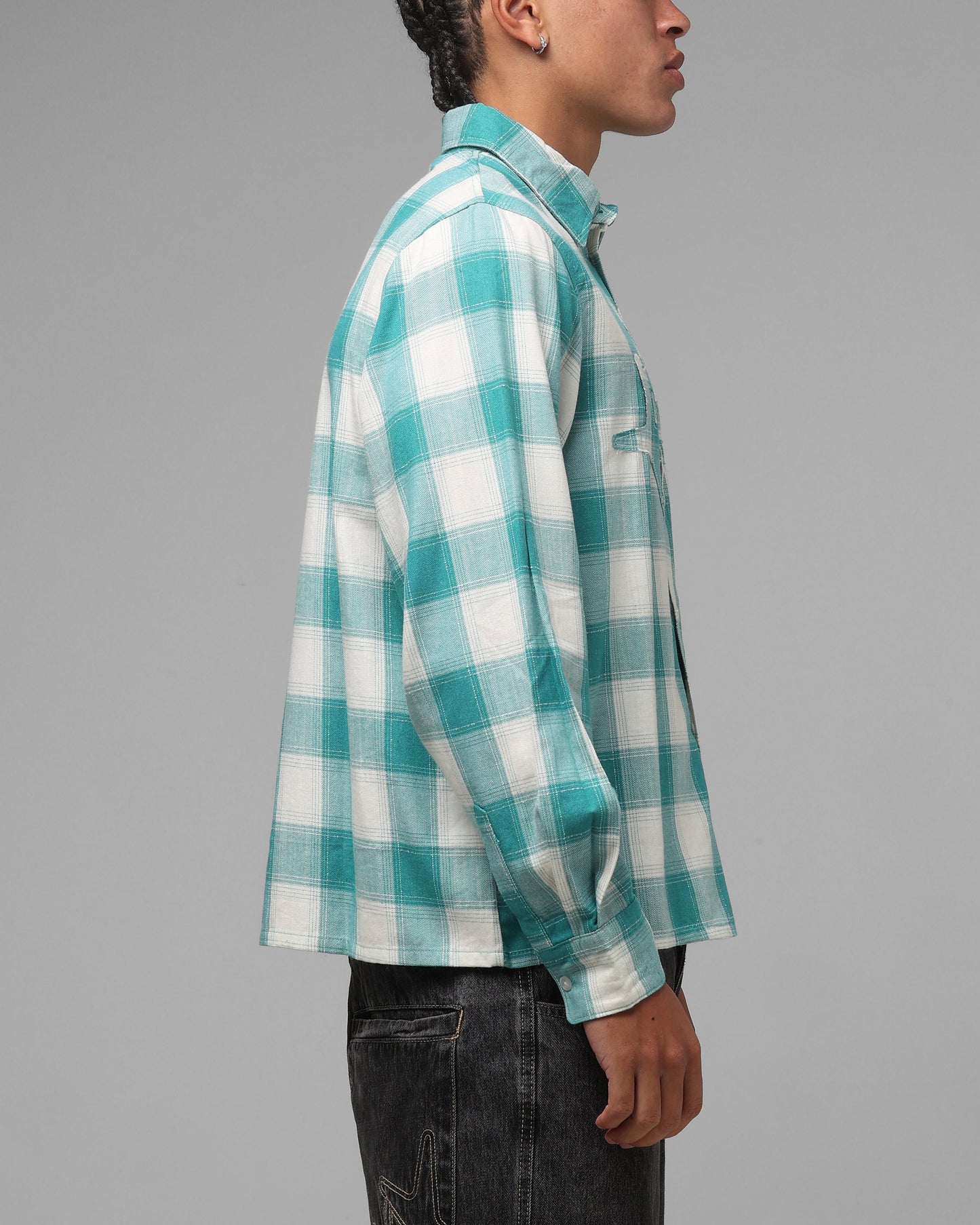 Loiter Hybrid Flannel Button Up Shirt Green-Plaid