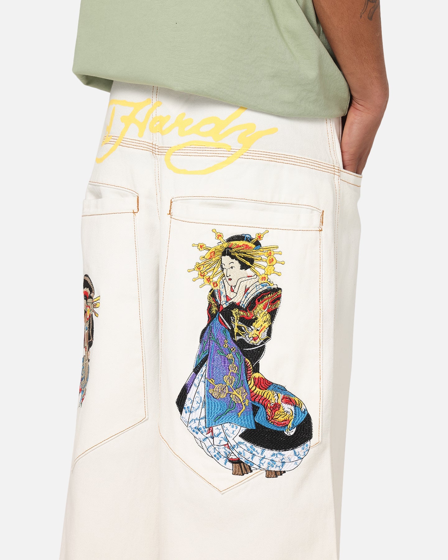 Ed Hardy Ultra Wide Leg Denim Jeans Off White/Yellow