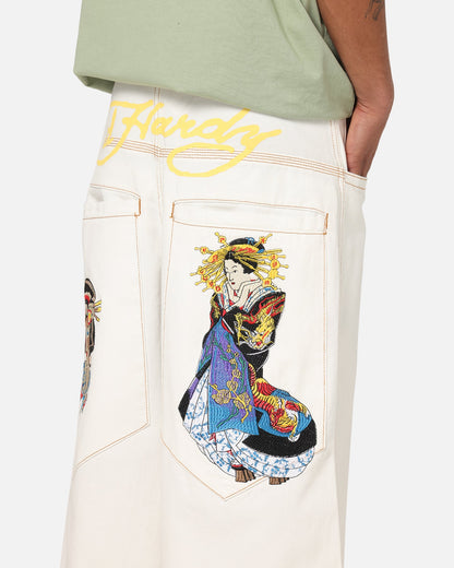 Ed Hardy Ultra Wide Leg Denim Jeans Off White/Yellow