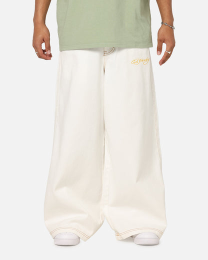 Ed Hardy Ultra Wide Leg Denim Jeans Off White/Yellow