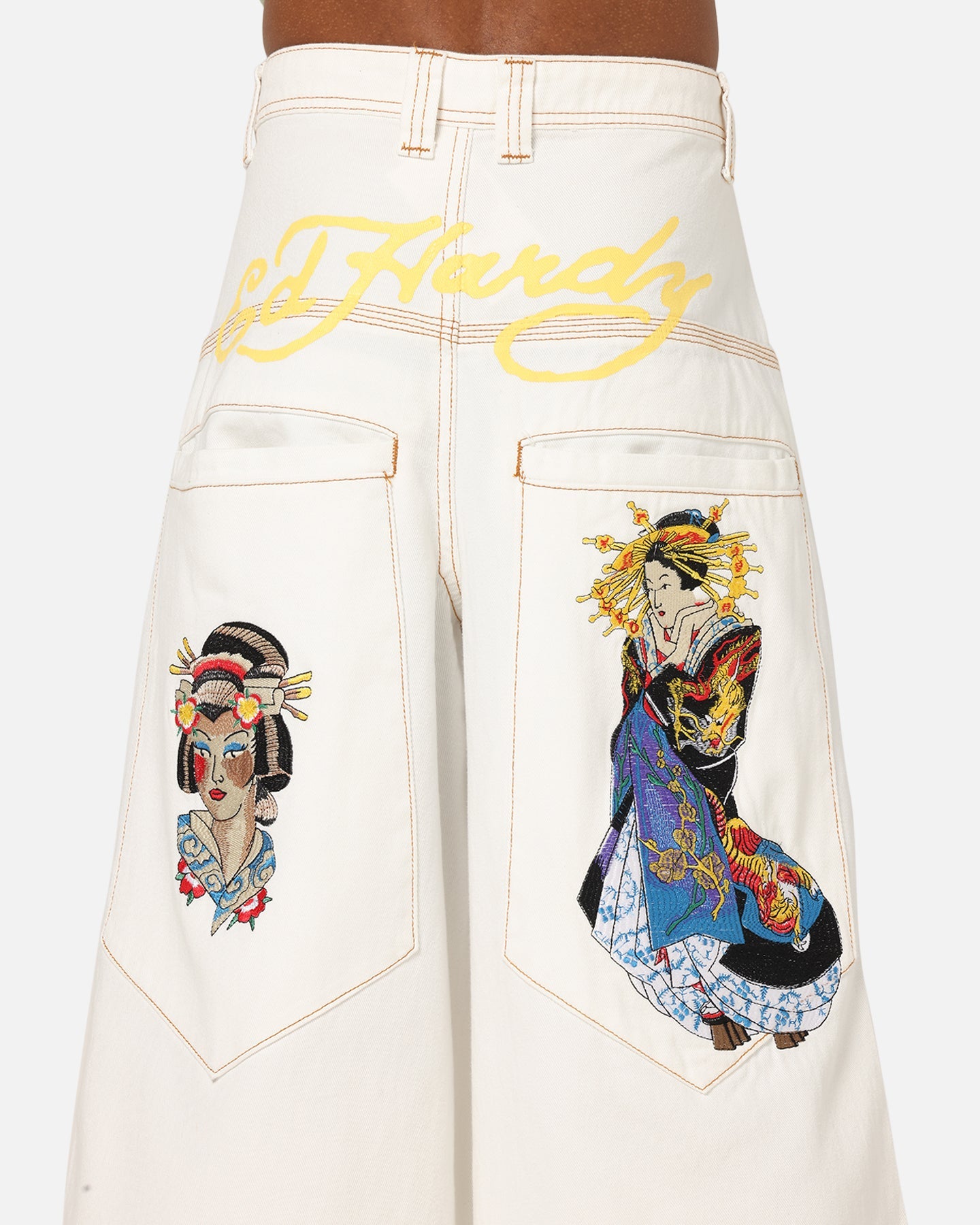Ed Hardy Ultra Wide Leg Denim Jeans Off White/Yellow