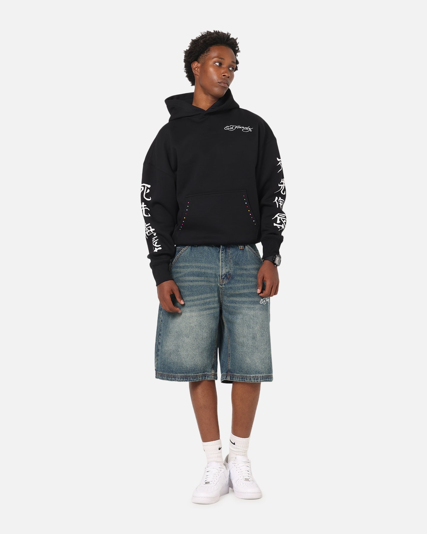 Ed Hardy Brave Hearts Jorts Washed Indigo