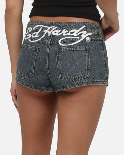 Ed Hardy Women's Signature Mini Shorts Mid Blue