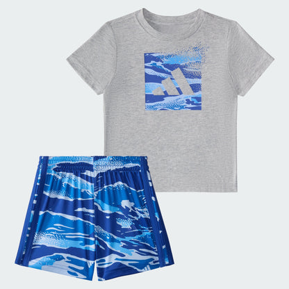 Kids' adidas Two-Piece Short Sleeve Cotton Heather Tee and Elastic Waistband Printed Shorts Set